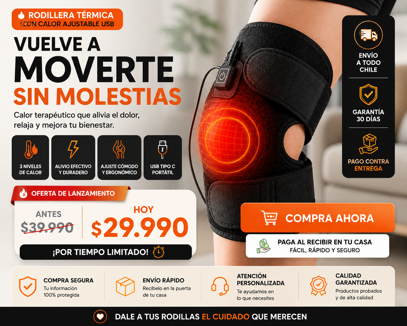 Rodillera Térmica USB con Calor Ajustable | Alivio y Soporte para la Rodilla