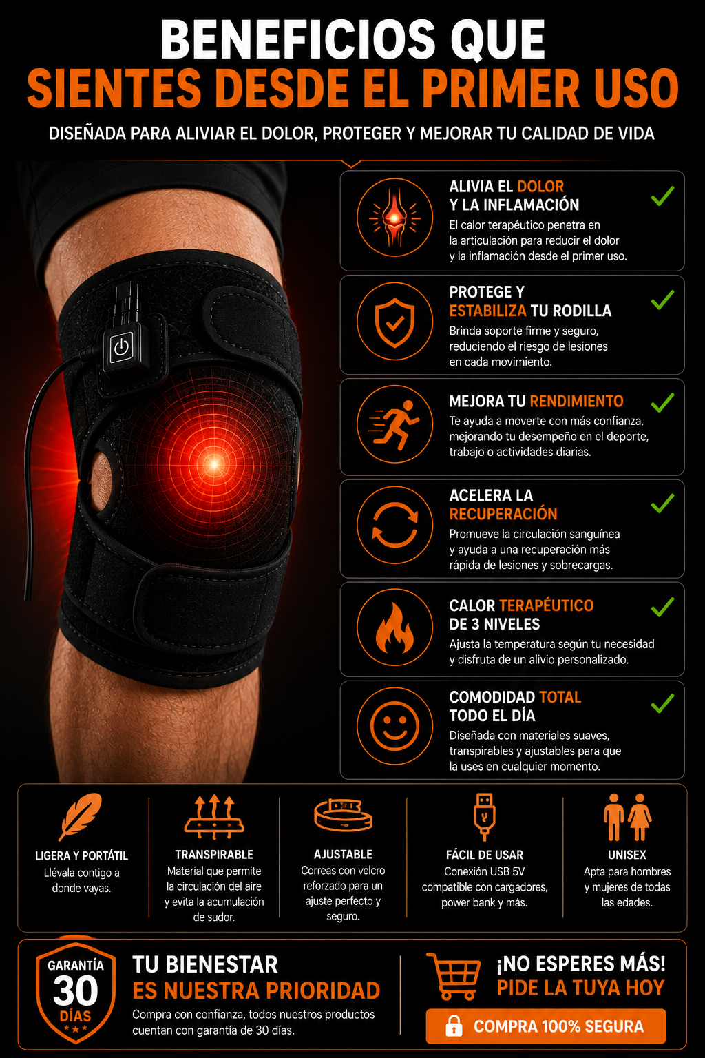Rodillera Térmica USB con Calor Ajustable | Alivio y Soporte para la Rodilla