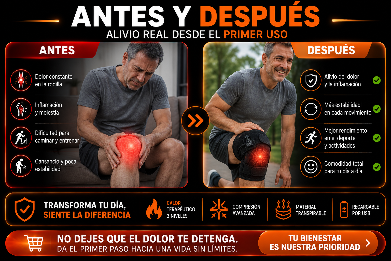 Rodillera Térmica USB con Calor Ajustable | Alivio y Soporte para la Rodilla